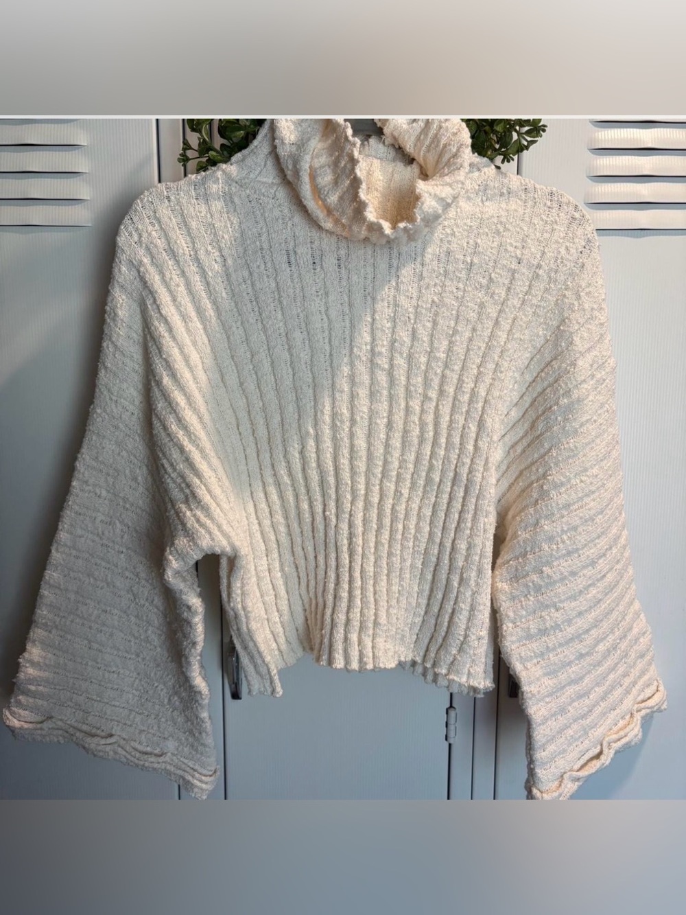 Sz M Cream Mustard Seed High Neck Cropped Wide Sleeve Knit Sweater